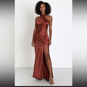 Lulu's Copper Halter Satin Maxi Dress with Thigh Slit